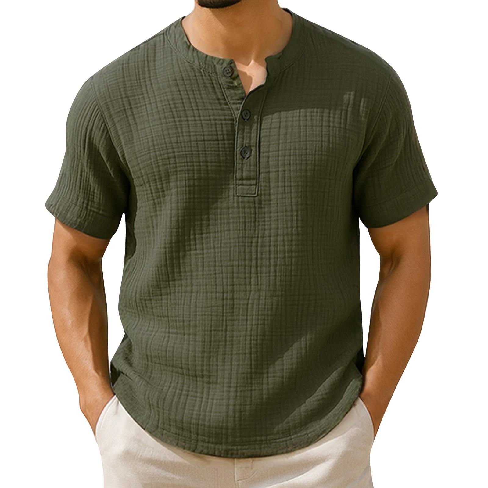 

Men s Summer Stripe Solid Color Pleated Texture Button Collar Loose Short Sleeve Top XL