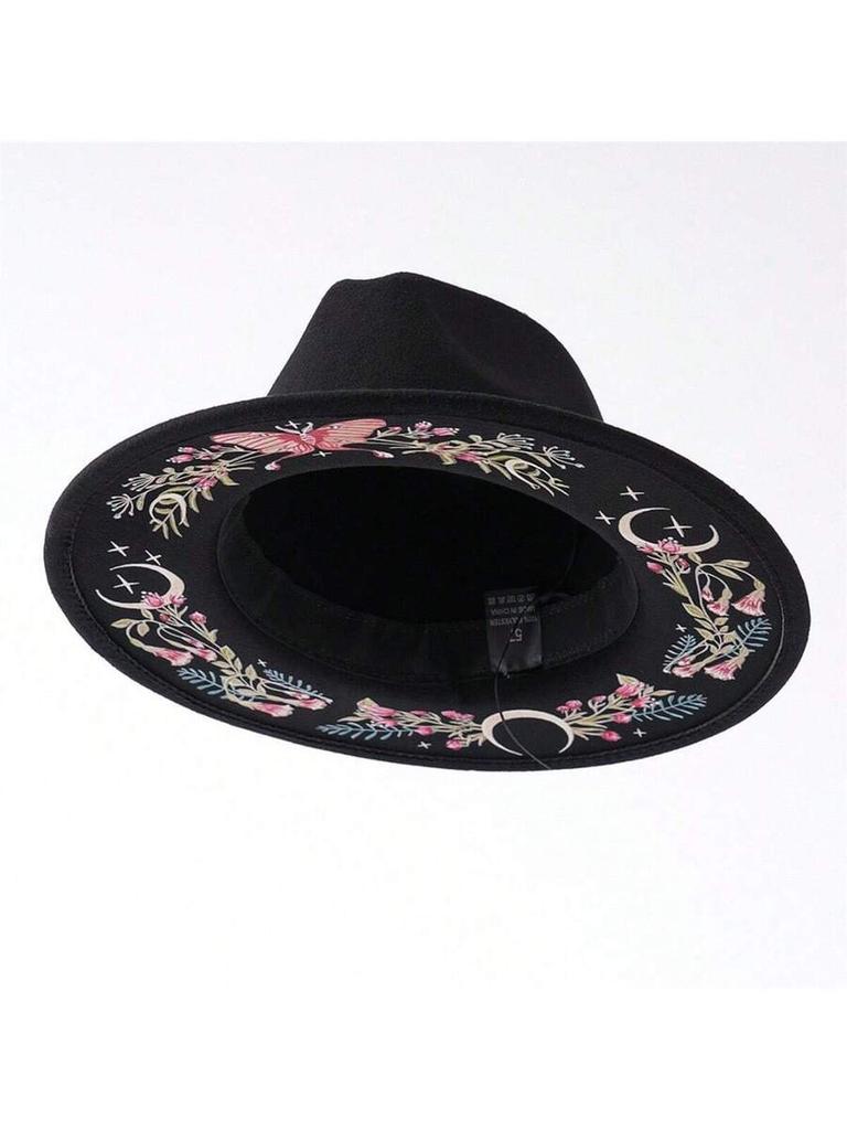 Women Fedora Hat With Butterfly Flower Moon Print Wide Brim For Party Travel Outdoor