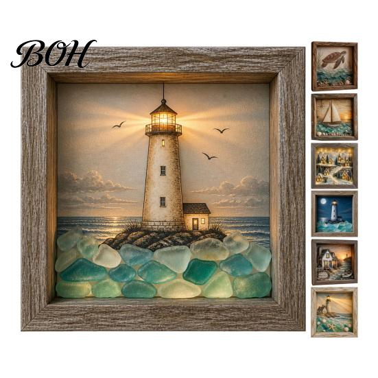 Exquisite Design Ornament Sea Glass Art Painting with LED Light, DIY Mosaic Arts and Craft Kit, Picture Frame Lamp Ocean Themed Beach Kit for