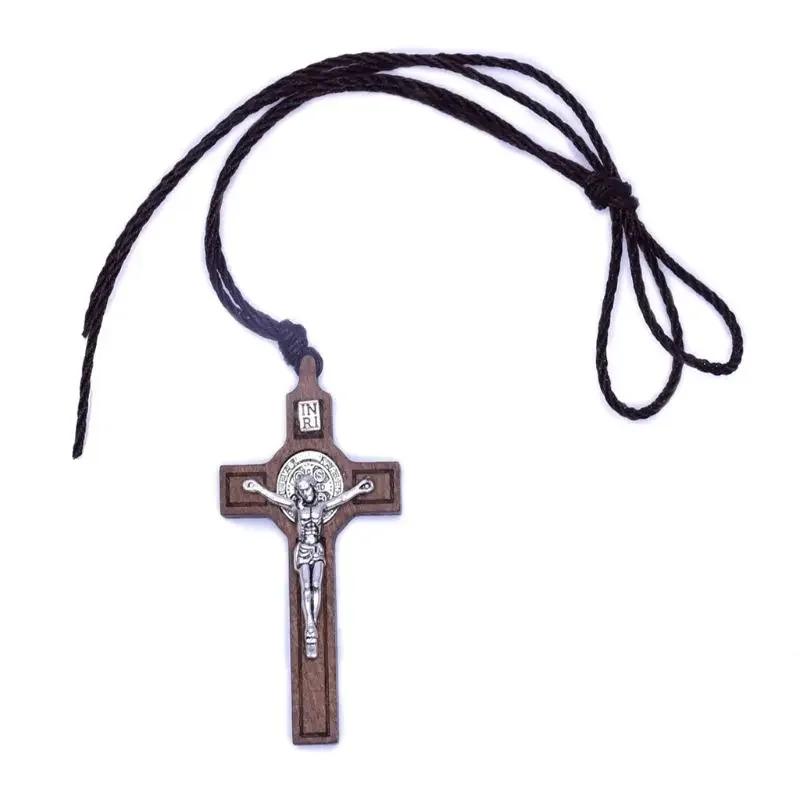 Collana Croce di Gesù Retro Ciondolo Legno Metallo Gioielli Uomo Donna Cattolico Religioso Cristiano Fascino Regalo