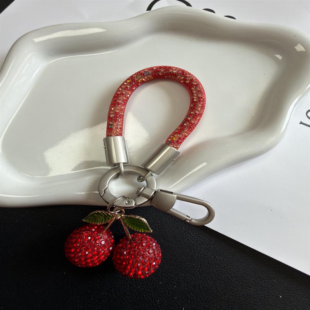 Rhinestone Cherry Keychain & Mesh Finger Ring Phone Lanyard Accessory