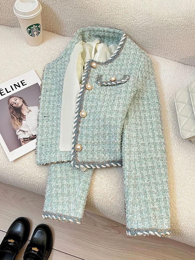 Chic Button Crop Coats Women Spring Autumn Long Sleeve O Neck Elegant Jacket French Fashion Exquisite Office Lady Tweed Outwear