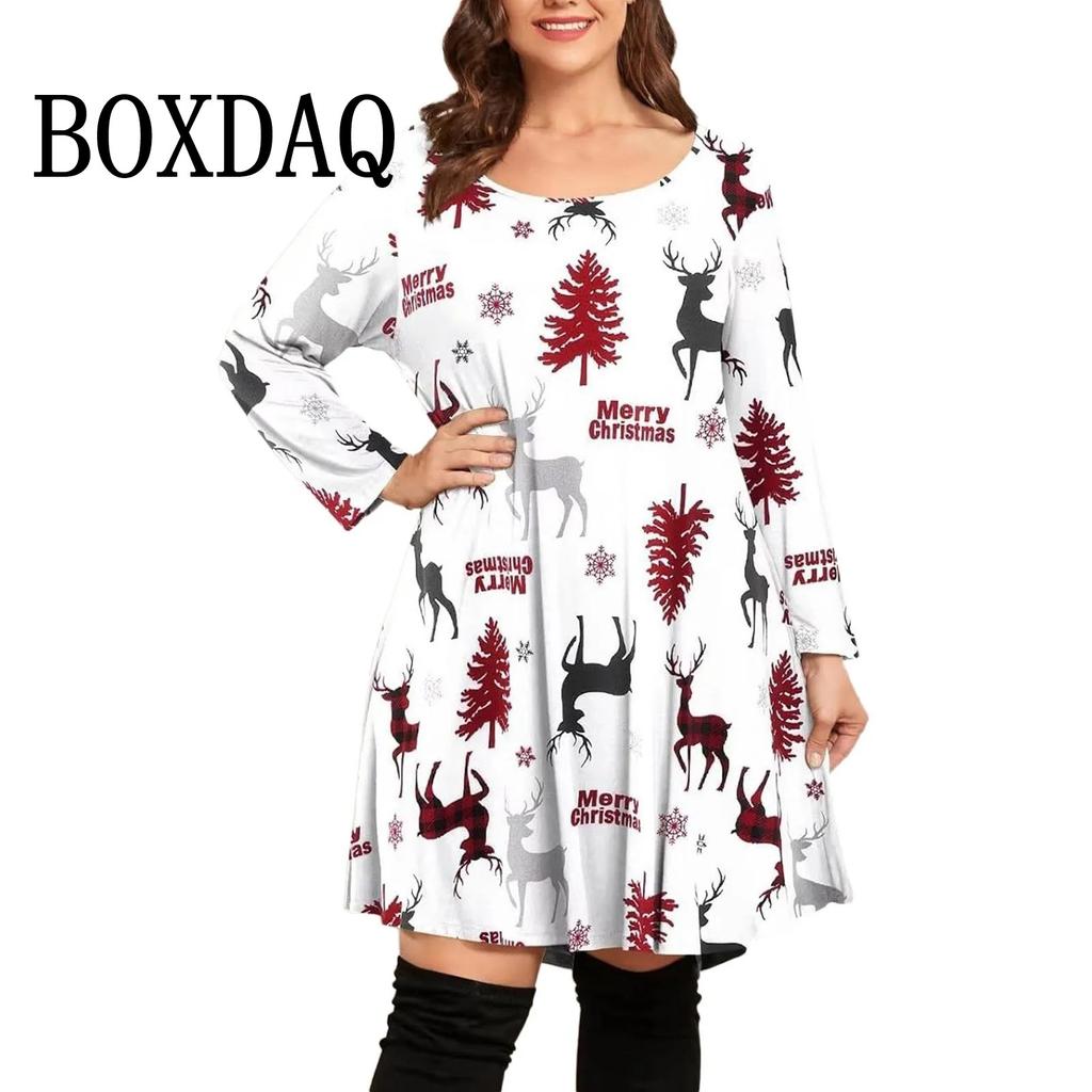 Casual Christmas Dress For Women Plaid Long Sleeve Christmas 3D Printed Loose A-Line Dress Plus Size Autumn Winter Dresses