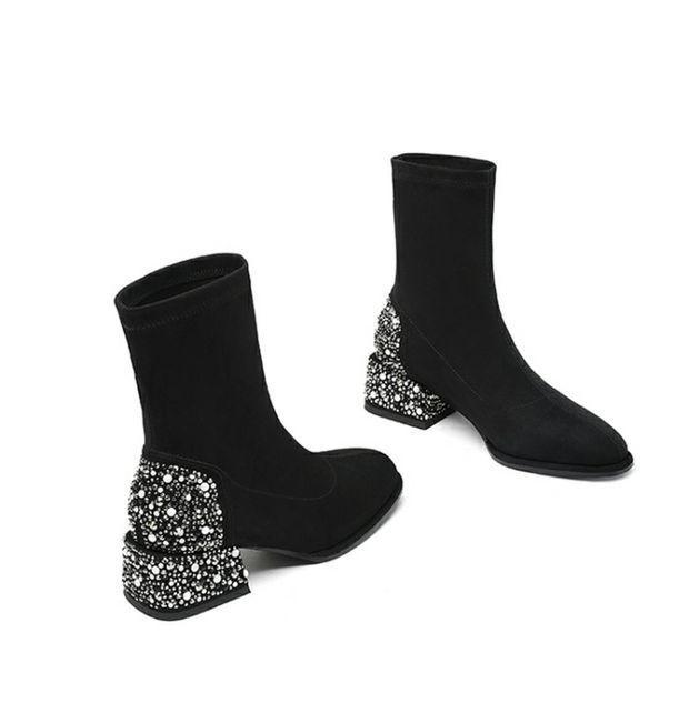 2025 Black Suede Round Toe Ankle Boots with Pearl Rhinestone Detail for Men