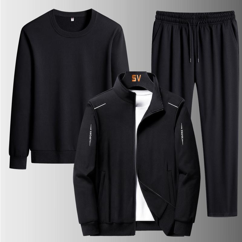 Men 3 Pieces Sets Spring Autumn Men's Fashion Trend  Cotton Casual Loose Solid Color Lapel Jackets+pants+sweatshirts Sets