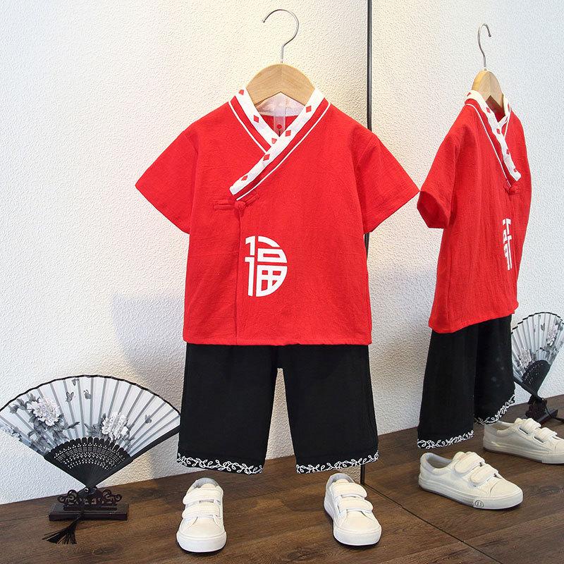 Children's Hanfu Tang suit summer short-sleeved suit boys and girls Chinese style dress handsome cotton and linen thin children's two-piece suit