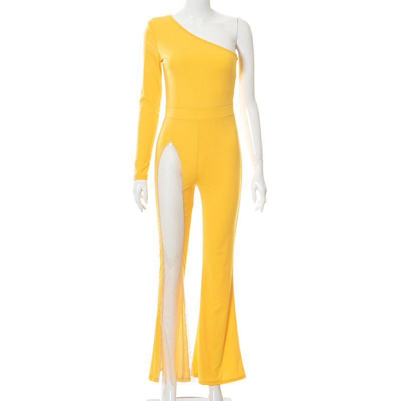 Fashion Women's New Autumn New Fashion Pure Color One Shoulder Mesh Patchwork Skinny Leg Sexy Siamese Pants Jumpsuits