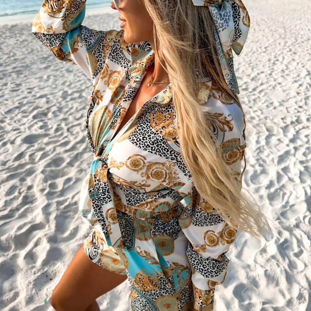 Tooxika New Vacation Style Casual Printed Long Sleeved Shorts Two-piece Set