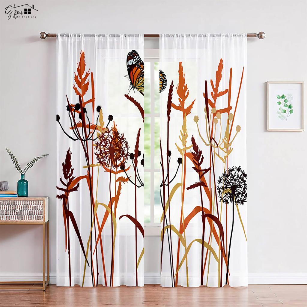 2-Piece Wooden Wisteria Flower Butterfly Printed Window Curtains Pastoral Style Bed Room Living Area Study Kitchen Curtains