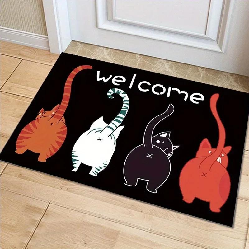 Tappetino con Disegno di Gatto Cartone Animato Antiscivolo Facile da Pulire Resistente alle Pieghe Zerbino Ingresso Esterno Pavimento Decorativo Tappeto Lavabile