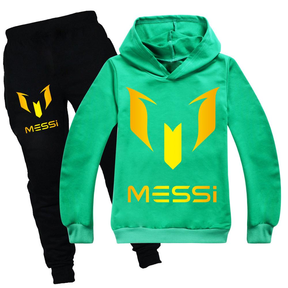 Messi Letter Print Cartoon Kids Hoodie And Pants Set With Cotton Fabric