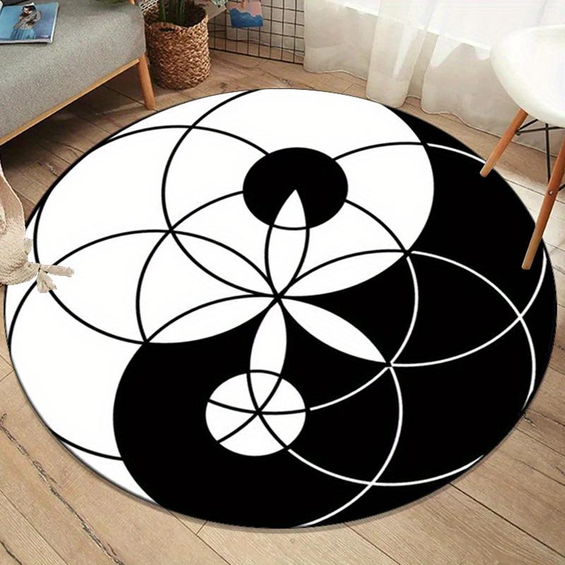 1pc Black and white Yin-Yang print polyester carpet crystal velvet round carpet suitable for living room and bedroom 100x100cm