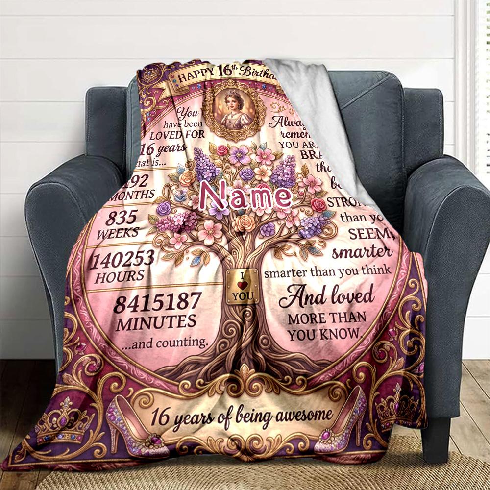 Happy 16Th Birthday Themed Blanket Personalized Name Soft Warm And Versatile For Sofa Bed Office And Travel Machine Washable Comfortable In All