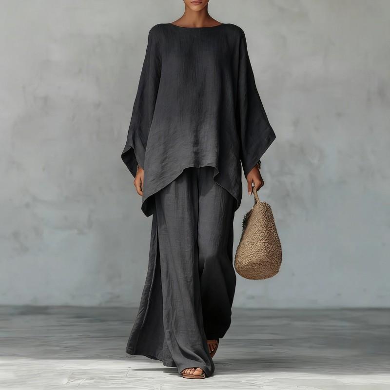2025 Womens Linen Blend 2-Piece Set Loose Fit Long Sleeve Top Wide Leg Pants Solid Color Casual Outfit