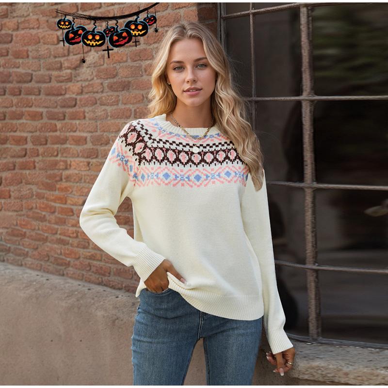 Höst Vinter Vintage Dam Stickad Tröja Patchwork Slim Dam Pullover