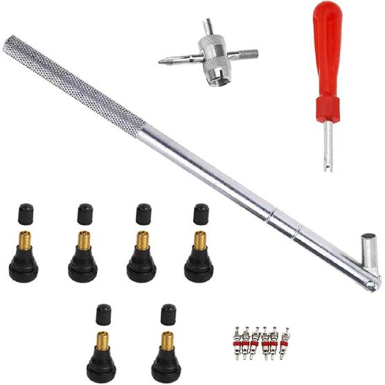 Tire Valve Stem Tool Puller And Taller Kit, Remover And Tallation Set, 6 Pcs TR412 Snap-In Valve Stems With Valve Stem Cores, 1 Pcs Single Head Tire