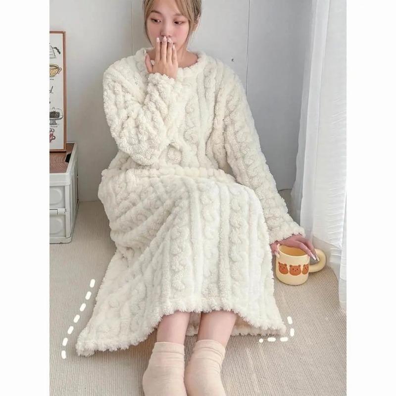 Acogedor Camisón de Manga Larga de Forro Polar Coral Ropa de Dormir Cálida de Invierno para Mujer