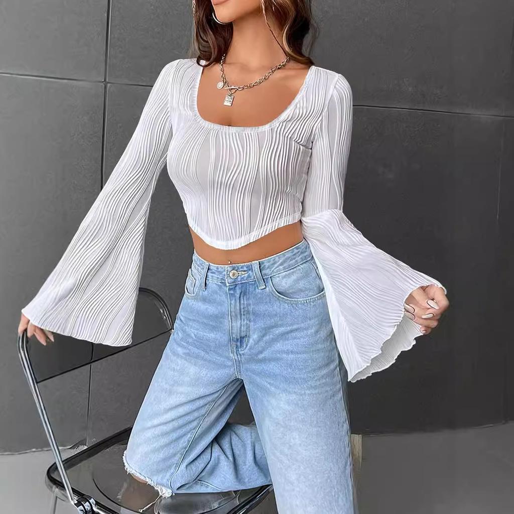 New Women's Solid Color U-neck Exposed Navel Slimming Fashion Trumpet Long Sleeved Sexy Short T-shirt