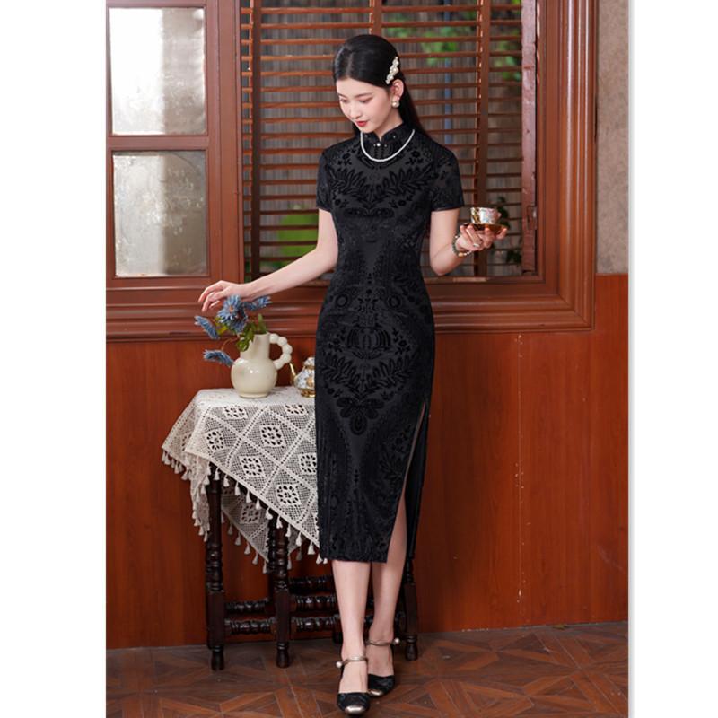 Elastic mesh flocking long short-sleeved cheongsam early autumn new fashion slim-fit high-end daily cheongsam skirt