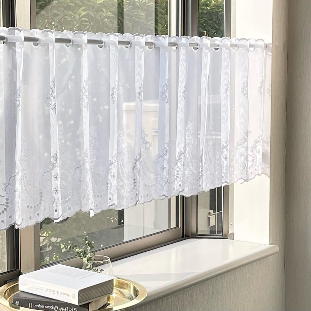 INTERIX Embroidered Lace Cafe Curtain for Small 165cm Wide x 45cm Made in Freesia Windows, Long, Japan, White, CF4-165-45