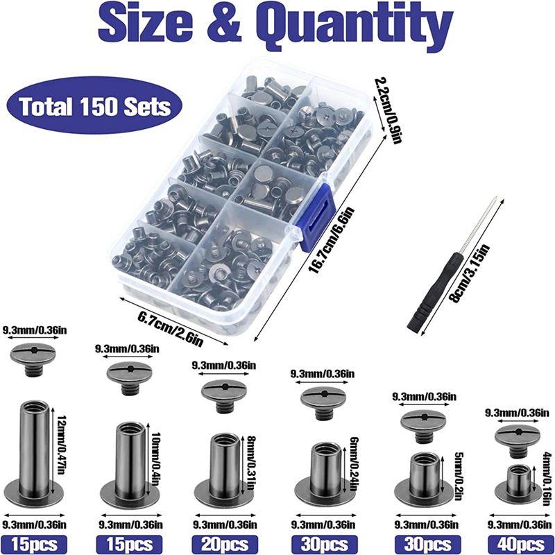 Feb.150Sets Chicago Screws Assorted Kit 6 Sizes Round Flat Head Leather Rivets For Decorate Black