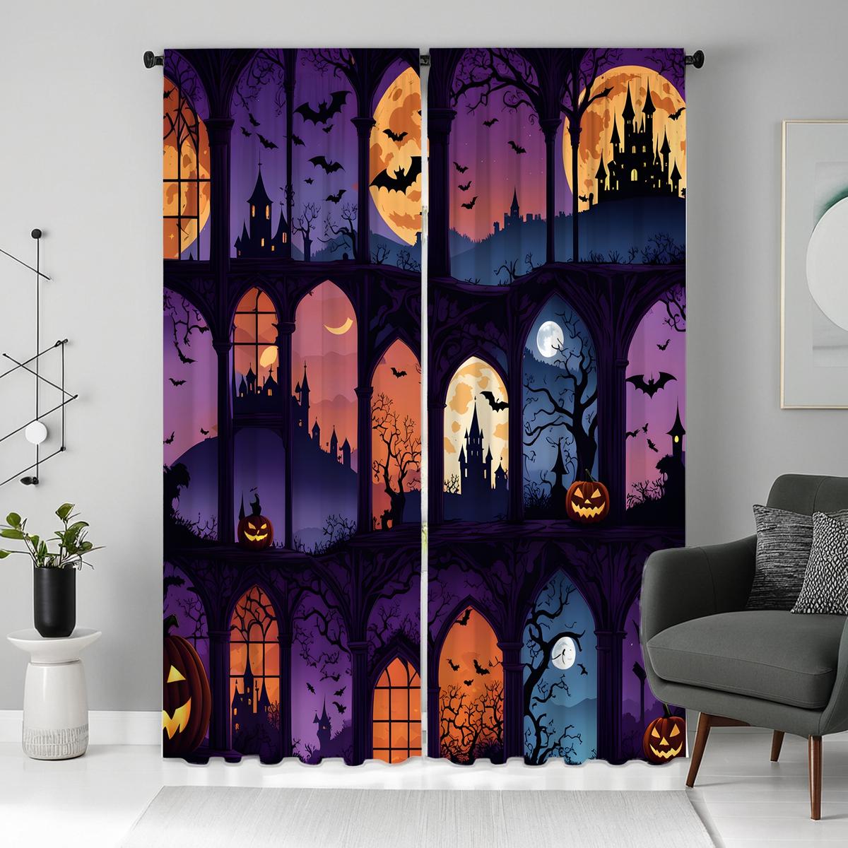 

2 шт. HD Хэллоуин Ночь тыква-фонарь Замок Декоративные шторы Фиолетовая подвязка шторы с цифровой печатью Домашний декор стиль W52H63inchW132H160cm