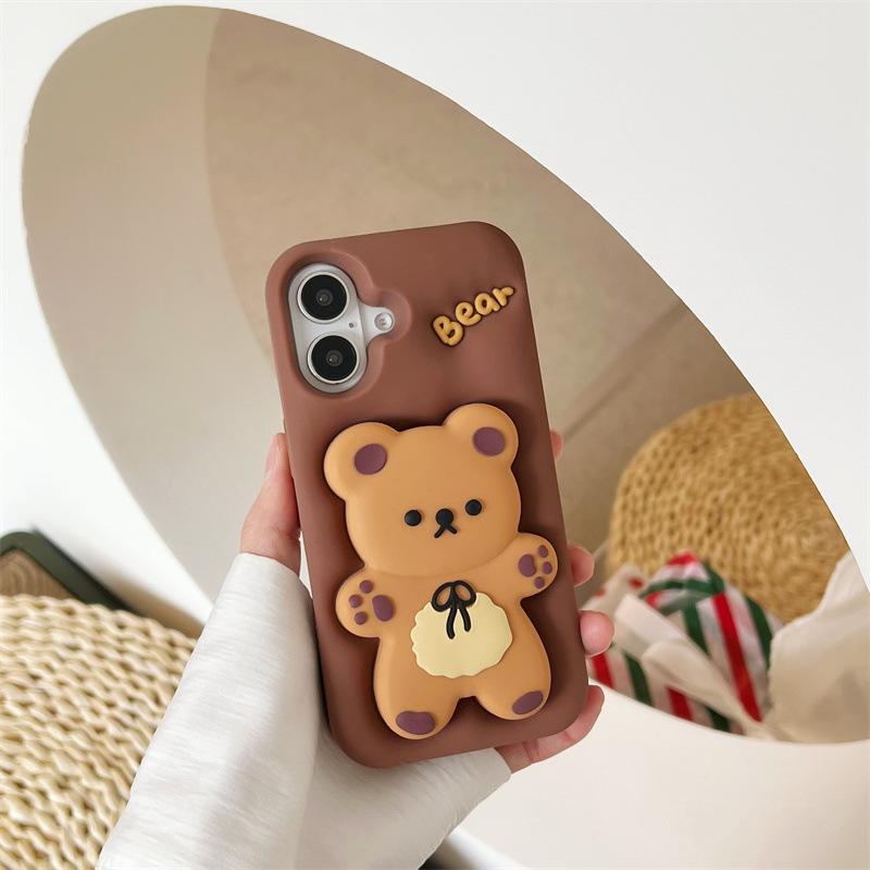 3D Cute Cartoon Bear Telescopic Bracket Silicone Phone Case For iPhone 17 16 15 14 13 12 11 Pro Max Shockproof Protective Cover