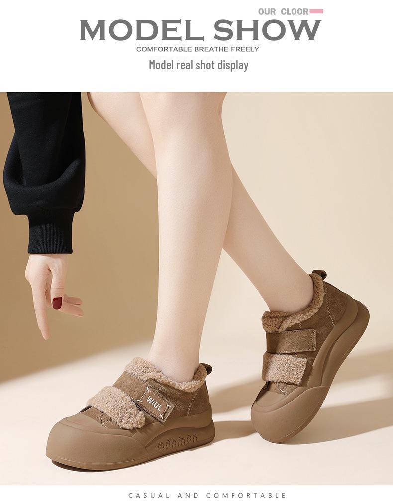 2024 Women's Thick-Soled Genuine Leather Fur Sneakers - Winter Warm, Velvet-Lined, Outdoor Sports Shoes