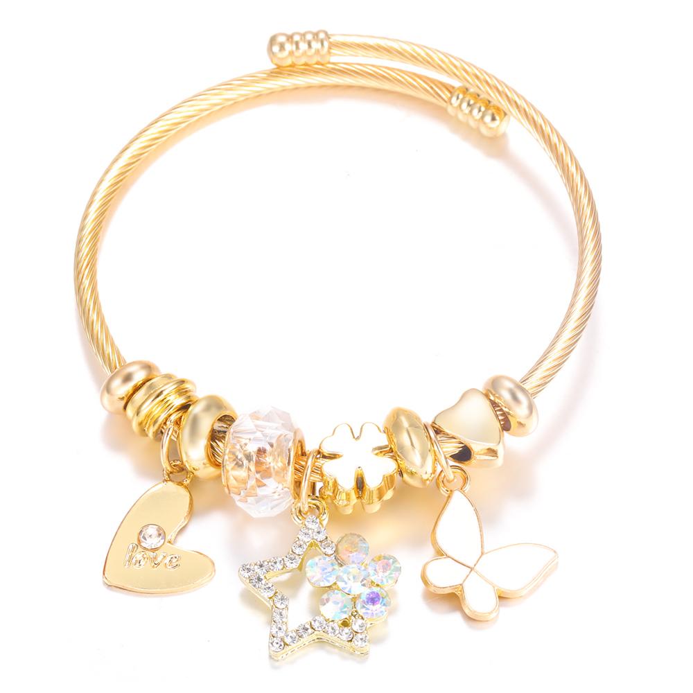 New Trendy 4 Colors Heart Shape Painted Pendant Closure Beaded Bracelet Golden Stainless Steel Women Bracelet Charm Jewelry