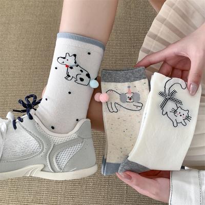Bow Cartoon Socks, Women's Mid-calf Socks, Cute Puppy Boneless Pile Socks, Women's Pom-pom Accessory Socks