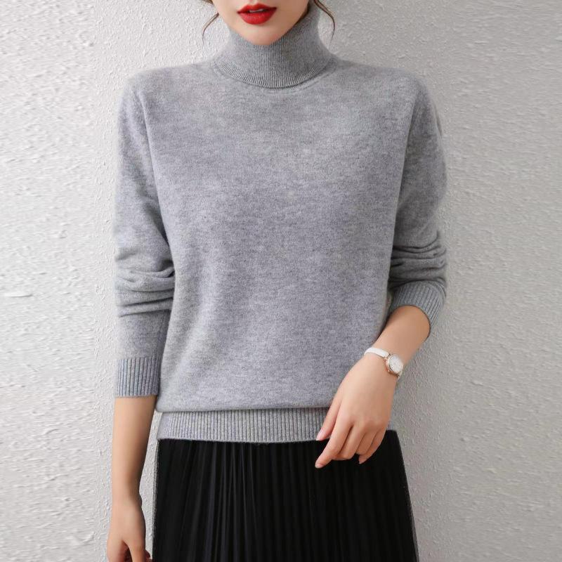 Women's Pure Wool High Neck Sweater - Loose, Slimming, Solid Color, Autumn/Winter Base Layer