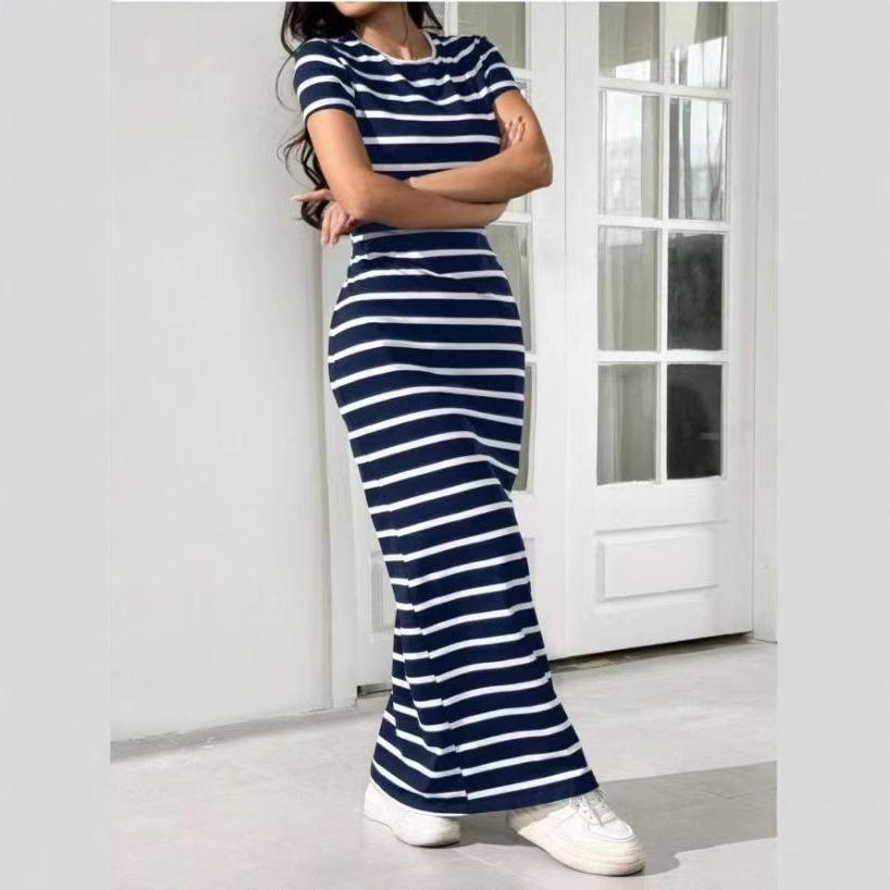New European and American Printed Knitted Striped Long Women's Dress