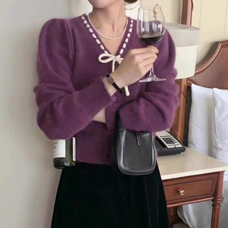 Elegant Sweet Bow Lace-up V-neck Cardigan Women Sweater Korean Fashion Chic Spring and Autumn Loose Coats Versatile Long Sleeved Knitted Clothing
