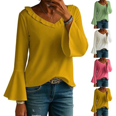 Lässiges Damen-Langarmshirt, Pullover, V-Ausschnitt, elegante und lässige Bluse, Basic-T-Shirt