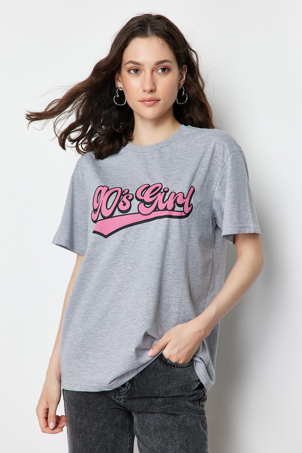 

Women s Fashion New T-Shirt Gray Melange Printed Oversize Wide Fit High Collar Knitted T-Shirt