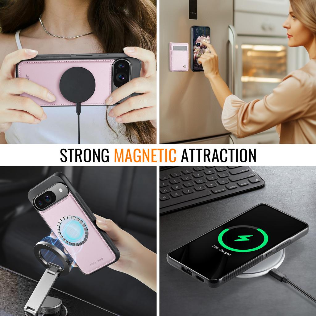For Google Pixel 10 Pro/Google Pixel 10 Leather Back Cover JEEHOOD J06 Magnetic Phone Case with Card Bag RFID Blocking