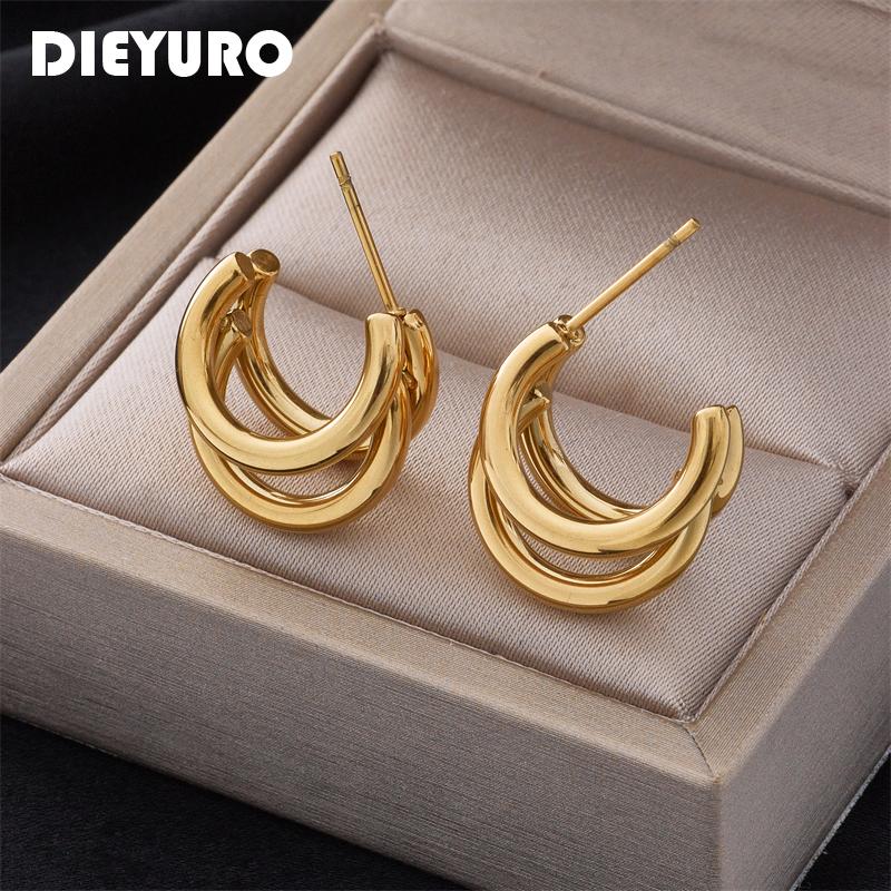 DIEYURO 316L Stainless Steel Exaggerated Multilayer Stud Earrings For Women Fashion C Type Female Earrings Simple Girl Jewelry
