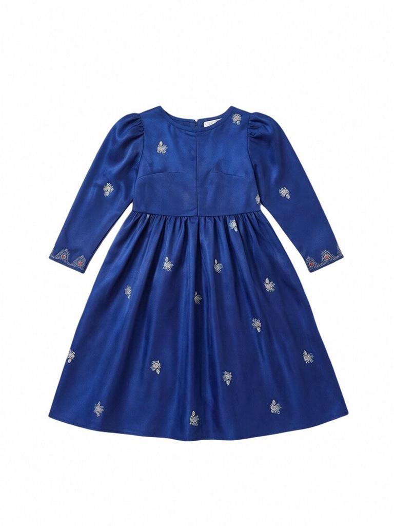Girls' dress, blue, round neck, suitable for ages 4-7