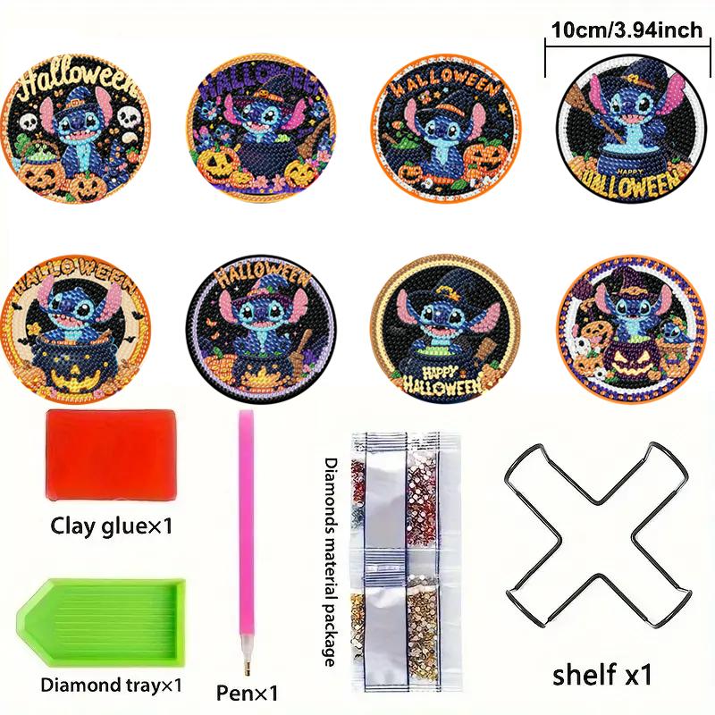 8-piece Set of DIY Diamond Painted Coasters with The Stitch Goblin Series Pattern and Complimentary Cup Holder