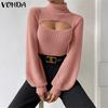 VONDA Women Turtleneck Long Sleeve Cutout Casual Fitted Knitwear Sweaters Jumpers