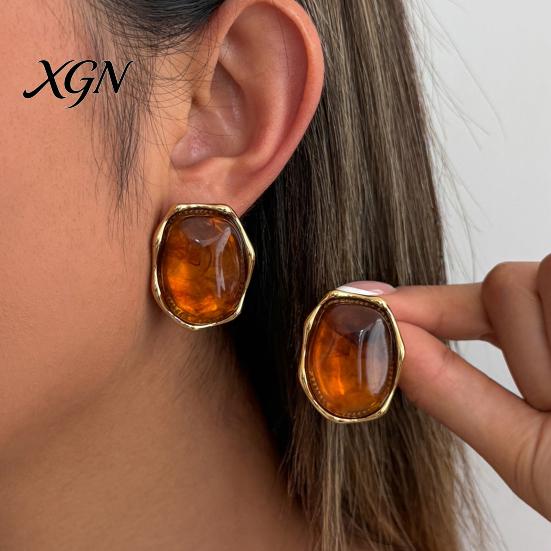 Gift for Her on Birthday 1 Pair Natural Healing Stone Stud Earrings Women, Gold Lightweight Daily Wear Plated Oval Resin Earrings, Faux Crystal