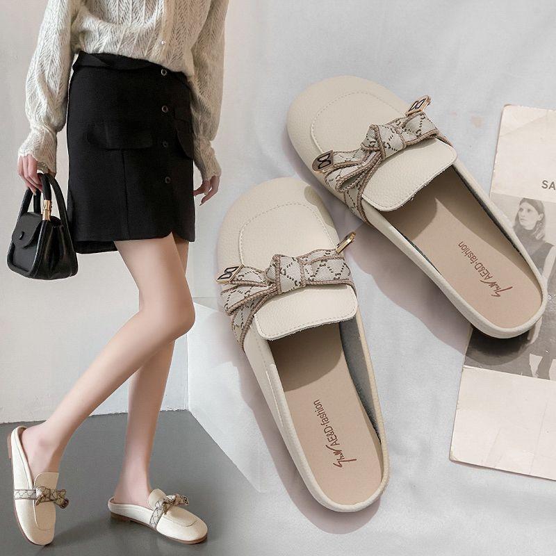 Baotou Halbschuhe Damen Sommer 2025 neu flachsohlig Schleife rutschfest Lazy Muller Französisch coole Hausschuhe