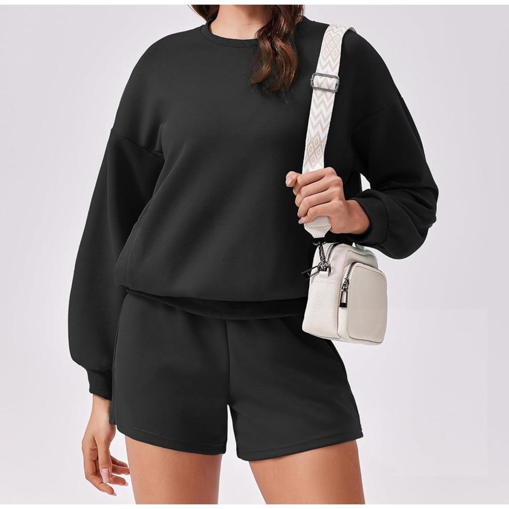 Women's Loose Tracksuit Long Sleeve Sweatshirt Elastic Waist Shorts Casual Loungewear Set