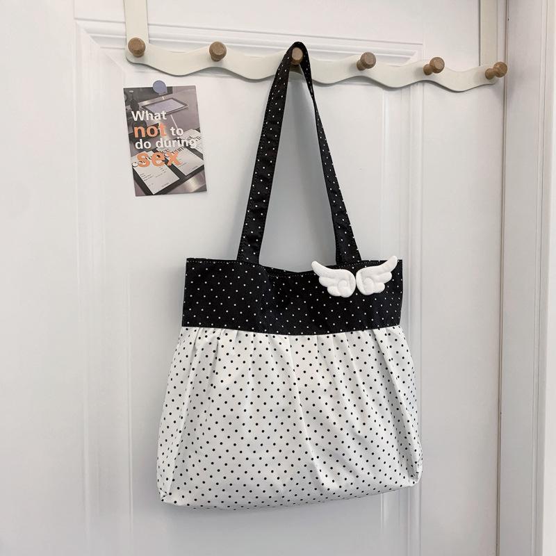 Korean Polka Dot Pleated Canvas Tote Bag - Women's Summer Sweet Style, Single Shoulder, Large Capacity