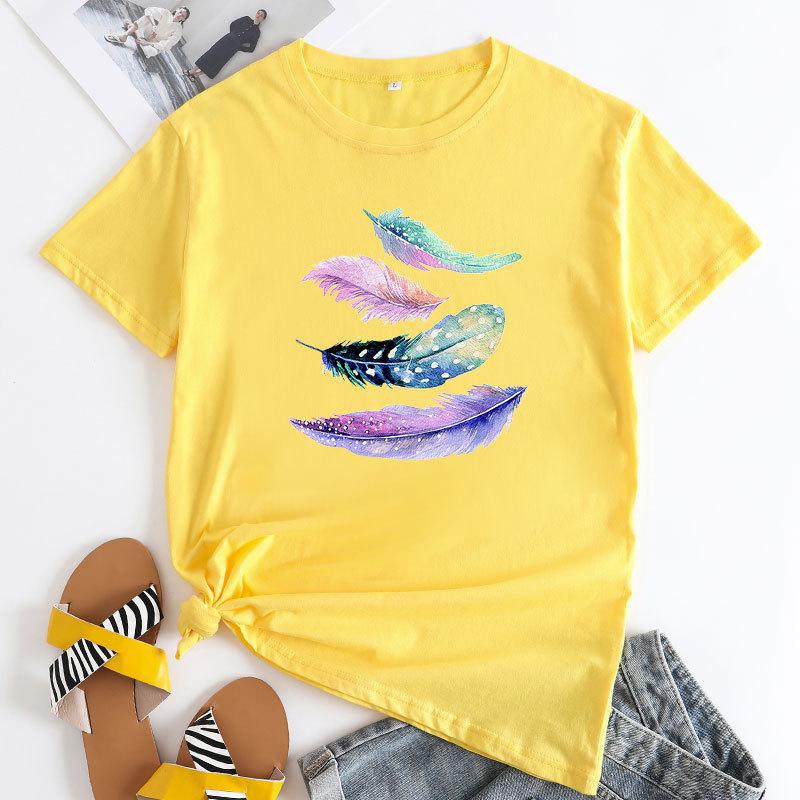 Summer Round Neck Colorful Feather Print Top Fashionable Casual Cute Short Sleeved Women's Pure Cotton T-shirts