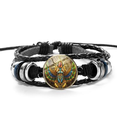 Egyptian Scarab Vintage Bracelet Symbol of Strength Ancient Egypt Punk Woven Black Leather Braceles Glass Button Bangles