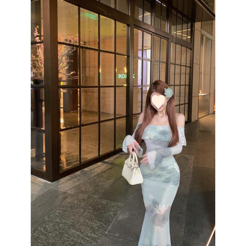 

New Chinese one-word shoulder mesh long-sleeved dress women s summer sexy slim-fitting hip-wrapped fishtail dress cheongsam dress S