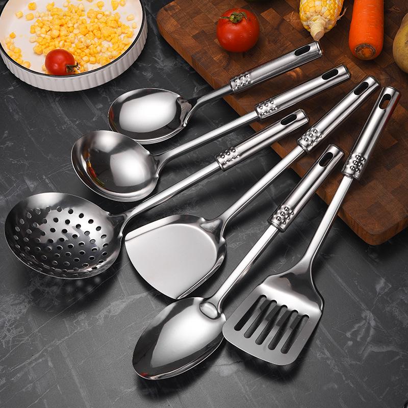 7-Piece Stainless Steel Kitchen Utensil Set: Spoon, Spatula, Slotted Spatula, Strainer, Ladle, Rice Spoon, Flour Sifter, and Meat Fork