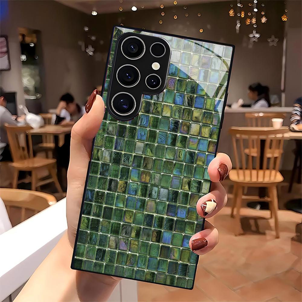 Green and Pink Checkered Glass Phone Case For Samsung Galaxy S26 S25 S24 S22 S23 Ultra S21 Plus 5G Frosted Non-Slip Full Cover