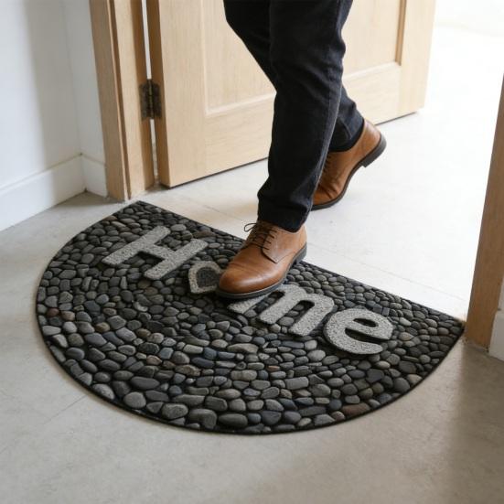 3D Pebbles Welcome Mat Realistic Stones Pattern Floor Mat Semi-Circle Door Mat with Anti-Slip Backing for Front Door Entrance Porch Bathroom Kitchen